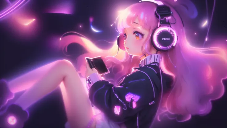 Anime girl listening to music with headphones against the backdrop of space, Lo-fi Girl, Lo-fi Girl aesthetic, Anime aesthetics, Anime atmosphere, Lofi Artstyle, 80年代のAnime atmosphere, Portrait of Rofi, Retro Anime Girl, 9 0 s Anime aesthetics, Lo-fi, In 8...