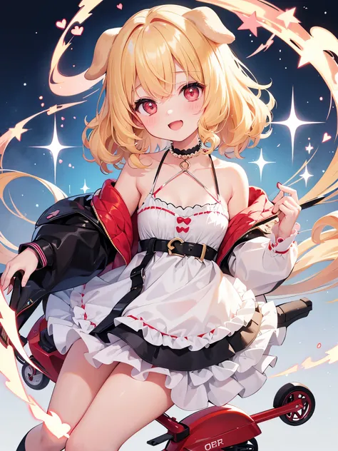 One girl, blonde hair, red eyes, sparkling eyes, laugh heartily, medium cut hair, curly hair, dog ears, pearls choker,electric scooter,