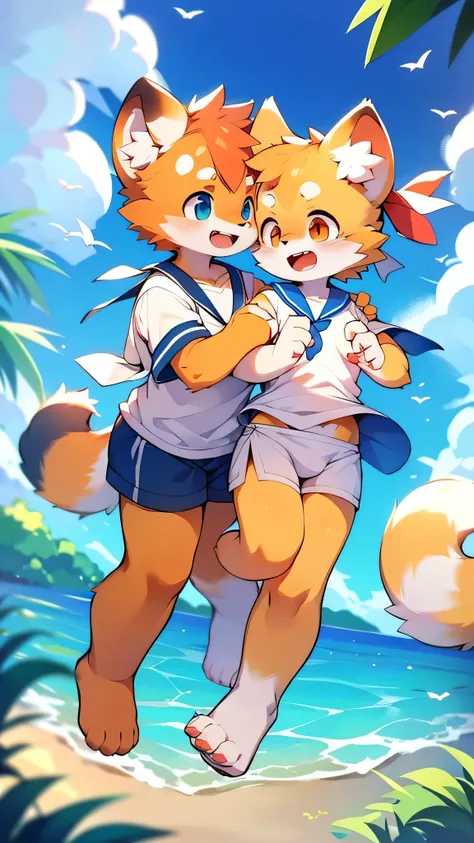 Red Panda Boy,Ocean,Sailor suit,Laughing,Together