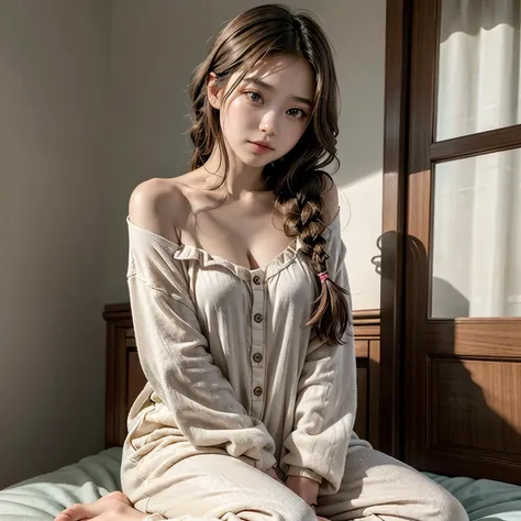 A teenage girl with delicate and striking features sits on a neatly made bed. Her smooth, luminous skin glows softly, with a light blush accentuating her youthful beauty. Her large, expressive eyes reflect a captivating mix of sweetness and deep shyness, m...