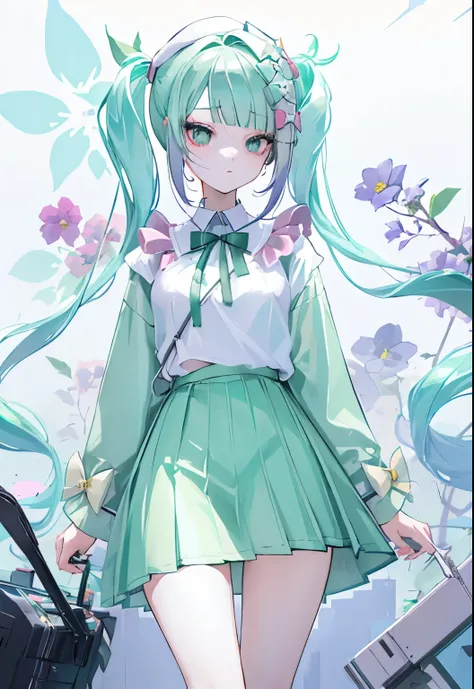 1 Girl, (Eye bags:1.5), Mint green hair, Double drill bit_Weaving, White beret, White shirt, Flower tie
