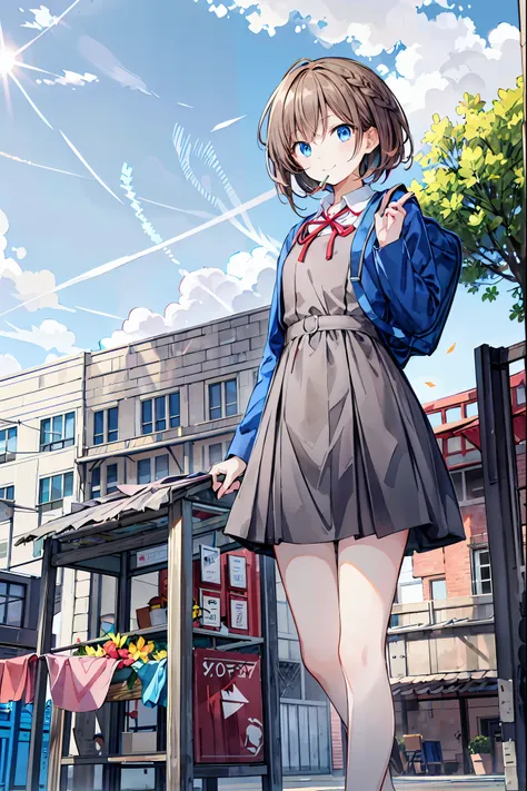 1 person, Alone, Outdoor, sunlight, dress, Streetscape,  street, Seraphim, Check skirt, School Uniform, Backpacks, Mouth closed, A light smile, Standing, bus stop,Brown Hair，Shortcuts，Messy Hair，Slender beauty，Beautiful legs，，Brown Hair，Shortcuts，Messy Hai...