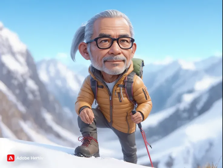 3D caricature animation, fullbody of a 60 year old adult indonesian man, smooth face, clean face, slightly fat, long white hair tied back, wearing an warm jacket , black boot pants, mountain climbing, snow , colorful, ultra HD, sharp, detailed, 8k 