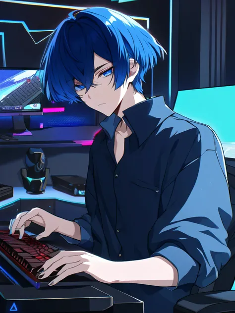 One Man, Young man,Adult male,男らShii,Fair skin,Blue Hair,Rin々Shii,Handsome,cool,Dark blue clothes,Private Server,Short Hair,bangs,cool,Expressionless,Blue eyes,indoor,Gaming Keyboard,Gaming Chair,Gaming Chairに座っている,Best Quality, High resolution, Unity 8K W...