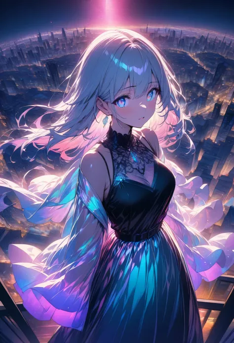 A highly detailed, anime-style scene of a young woman standing in awe before a breathtaking million-dollar night view. She is gazing out over a cityscape illuminated by countless lights, with a look of wonder and emotion on her face. The twinkling city lig...