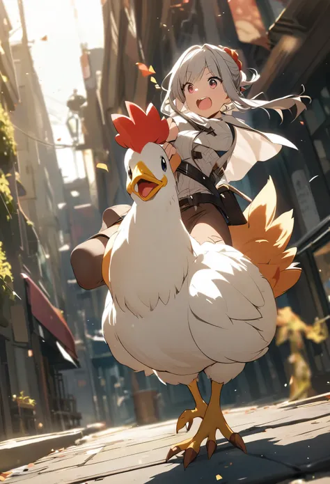 Girl riding a chicken