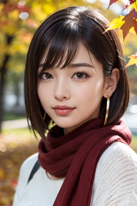 (RAW Photos), Overall image、Thick white sweater、Red scarf on neck、long earrings、Long eyelashes、Round eyes、Cheek on ear、correct、make、smile、Put your mouth in、（(Close one eye and wink))、Soft lips、A seductive smile、Sparkle、Darker lipstick、Cheek on nose、(Autumn...