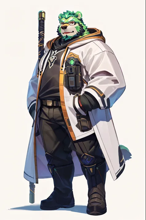 best quality, masterpiece, highres, detailed, jinpei, anthro, kemono, male, solo, mature, (((green bear))), (((green fur))), green hair, beard, white eyebrows, red eyes, (black t-shirt inside), (((white trench coat with hoodie))), gray trousers, military b...