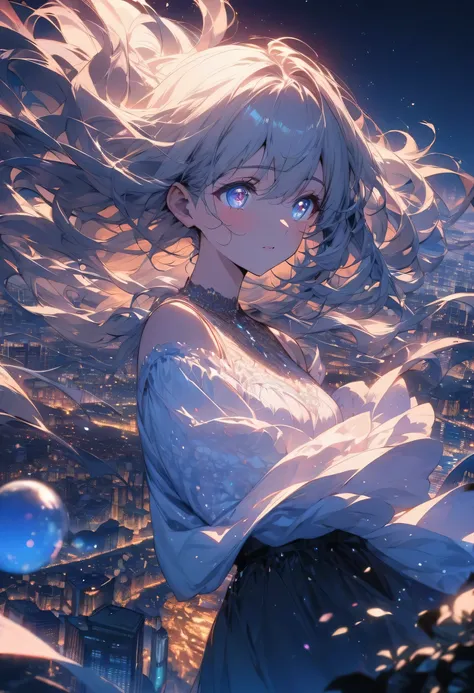 A highly detailed, anime-style scene of a young woman standing in awe before a breathtaking million-dollar night view. She is gazing out over a cityscape illuminated by countless lights, with a look of wonder and emotion on her face. The twinkling city lig...