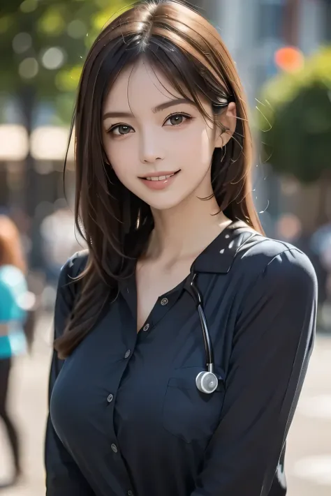 (HD Photos, masterpiece, Best Quality, Art Stationでトレンド入り), (Upper Body:1.2), (Mature Woman), Beautiful Face, soft, delicate, Erotic, sexual excitement, (Long Red Hair), fine grain, (((Big Breasts))), , Detailed skin, (Wearing a blue shirt), (Stethoscope),...