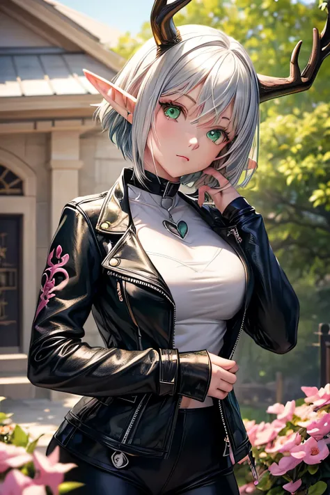 anime elf girl with green eyes and in a black leather jacket posing for a photo, female elf with silver hair and deer horns, detailed anime character art, anime character, portrait of a female anime hero, body wrapped in a vine with pink flowers, white sho...