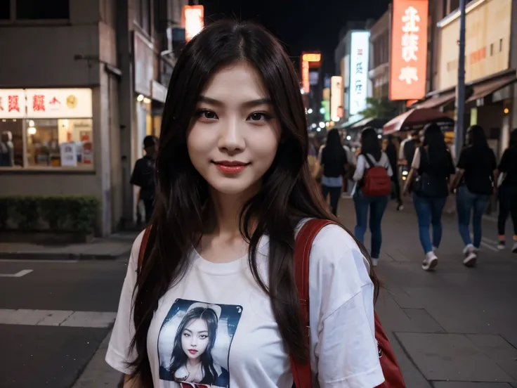 A Chinese woman, slender, with a beautiful face, big eyes, a high nose, and an attractive figure. She is wearing a fitted t-shirt and jeans. Her hair is long and slightly wavy, and she is carrying a backpack, smiling brightly, standing on the street in the...