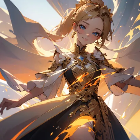 ((masterpiece, Please redeem)), Detailed face, CharacterDesignSheet, Full of details, Multiple poses and expressions, Advanced Details, Depth, Many parts,Beautiful maid,gold,Double Ponytail,Fantasy,Engulfed in flames,very beautiful,High balance, Natural Li...