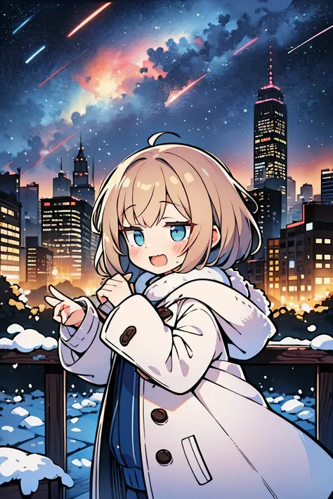 ((work of art)), from the side, 1 girl, Alone, (light brown hair), cute eyes, (messy bob hair), ((Chic makeup)), (laughing face), Blush, white breath, cute silencer, coat, looks very cold, Neon lights in the city, (winter), ((starry sky)), cityscape