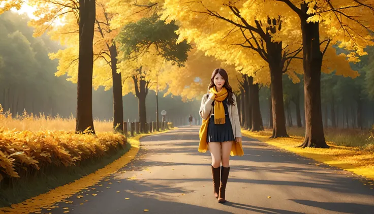 1 asian girl, early autumn yellow ginkgo tree and leaves ,she walks lonely along a road swirling with vibrant autumn leaves.., b...