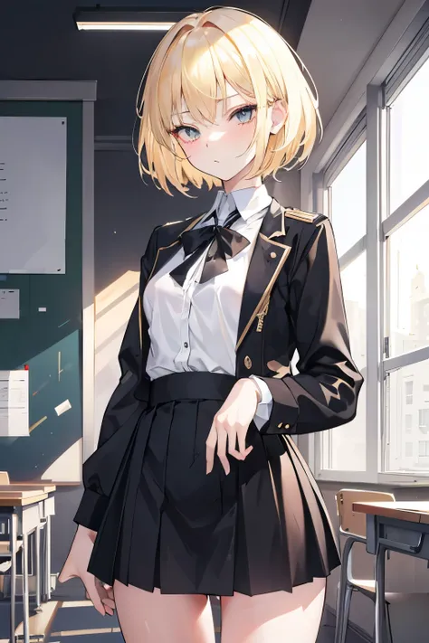 Height: 162cm,18 years old,Blonde short,Golden Eyes,beautiful girl,Small breasts,whole body,In the classroom,Wears a black and white school uniform,Pouting,Anatomically correct,Attention to detail,Super detailed,Ultra-high resolution,Textured Skin,masterpi...