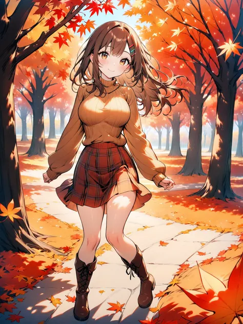 cute girl, (medium hair), (shoulder length hair:1.2), wavy brown hair, colorful hairpins, (bright expressive brown eyes), slight blush, healthful body, petite body, (short stack), (big breasts:0.4), natural round breasts, BREAK autumn leaves, leaf peeping,...