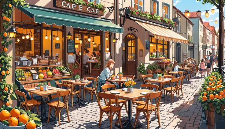 A simple childish vector illustration of A bustling outdoor cafe with tables adorned with bowls of fresh seasonal fruits.