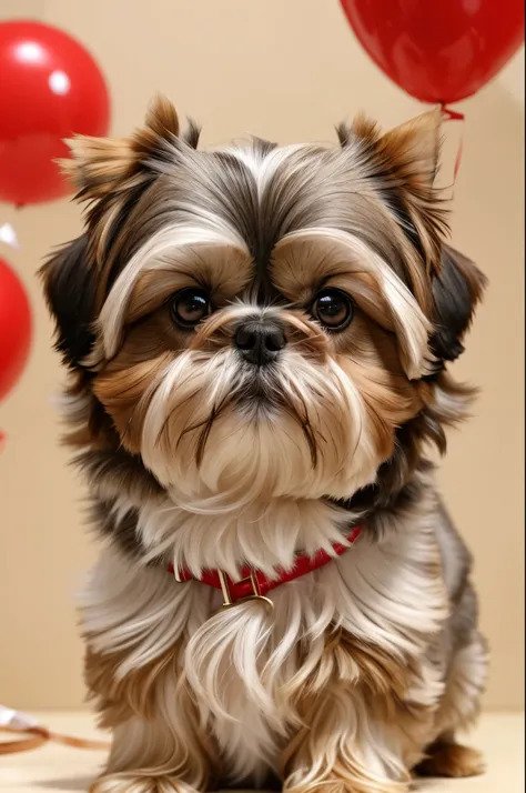 Beige with brown hair around the eyes、Shih Tzu with long drooping ears, Happy 5th Birthday,The background is a party with SARAMI&#39;s name written on the wallpaper., There is a birthday cake on the table、There、Candle５Books,Laugh happily, 