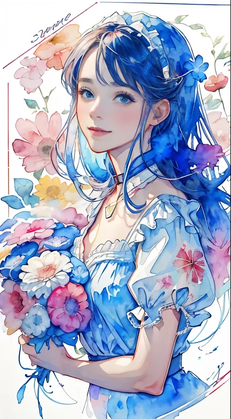 8K,​masterpiece,top-quality, twerk ,30 years old 1 girl, Holding a large bouquet,Portrait, Floral, watercolor sketch, light, Long hair, ssmile, watercolor paiting (Medium),watercolor paiting,Blouse with collar