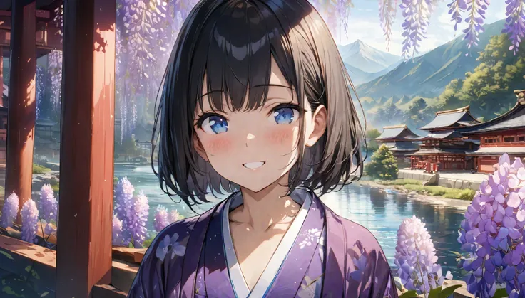 ((ultra-detailed))/(one women with short black hair and bob hair.、.、smile、gentle smile on her face、beautiful blue eyes, flat chest, one Beautiful girl,((masterpiece, illustration, best quality) ((ultra-detailed))/)Masterpieceperfect face, in a Japanese tem...