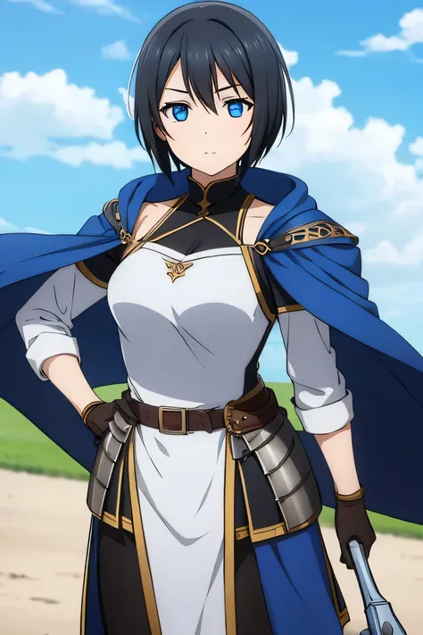 female character with short black hair, with blue eyes, with medieval paladin armor