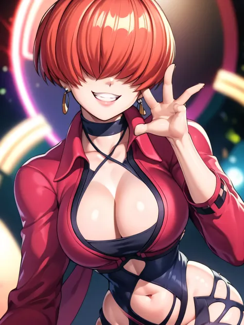 black and thunder background,
Red outfit,Red jacket,choker, cleavage cutout, clothing cutout, 
earrings,
Red hair,bangs,((hair over eyes)),
1 girl, 20yo,Young female,upper body,Beautiful body,Beautiful Nose,Beautiful character design, evil face,
looking do...