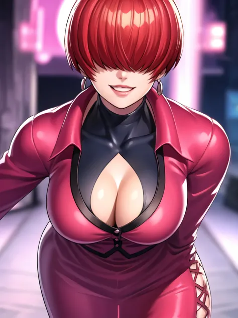 black and thunder background,
Red outfit,Red jacket,choker, cleavage cutout, clothing cutout, 
earrings,
Red hair,bangs,((hair over eyes)),
1 girl, 20yo,Young female,upper body,Beautiful body,Beautiful Nose,Beautiful character design, evil face,
looking do...