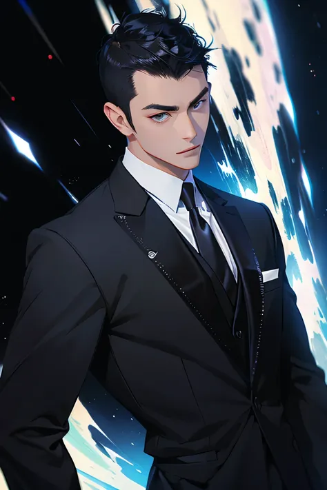 japanese　　handsome　short cut　shaved head　black hair　male　black tuxedo　formal　upper body　background universe