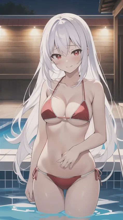 masterpiece, best quality, high-res, illustration, hyper detailed, 8k cg wallpaper, ray tracing, ((white hair:1.2)), ((long hair:1.2)), ((red eyes:1.2)), ((straight hair:1.3)), medium breasts, ((UW04:1.1)), 1girl, swimwear, solo, cleavage, micro bikini, ((...