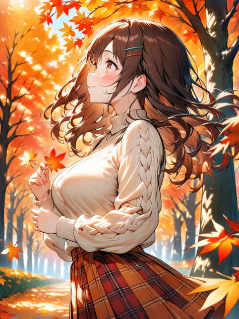 cute girl, (medium hair), (shoulder length hair:1.2), wavy brown hair, colorful hairpins, (bright expressive brown eyes), slight blush, petite body, (short stack), (big breasts:0.4), natural round breasts, profile, looking up, autumn leaves, leaf peeping, ...