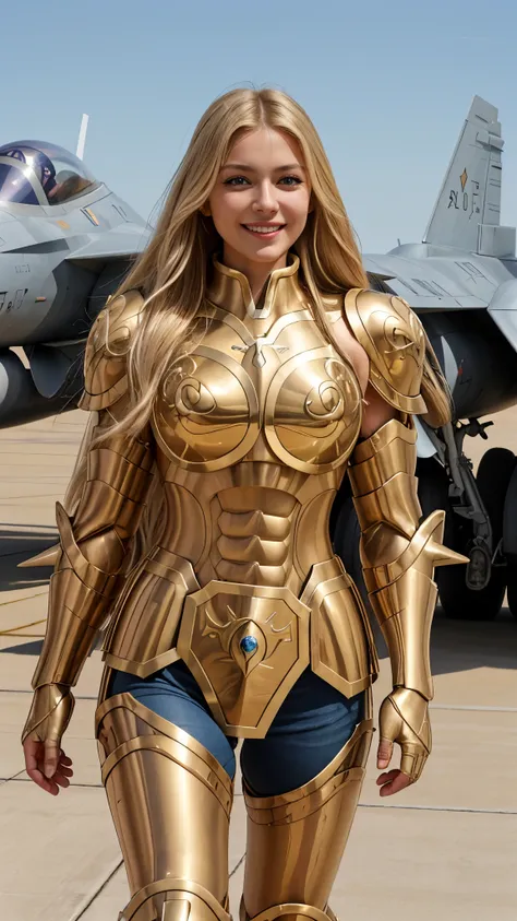 Beautiful European woman, Long blonde hair, An extraordinarily beautiful face、Saint Seiya Taurus Armor、masterpiece、8k resolution、highest quality、Half body shot, smile, daytime, walk, Background: F16 fighter jet in the Air Force 