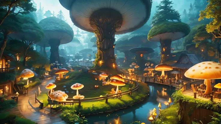 Floating mushrooms,Fantastic World,Fantasyの世界観, Mash Town in the Forest,All the buildings are mushrooms, giant_Round mushroom,Mash Store,Coffee cup on the terrace,Steaming coffee cup,night, Fantasy, 