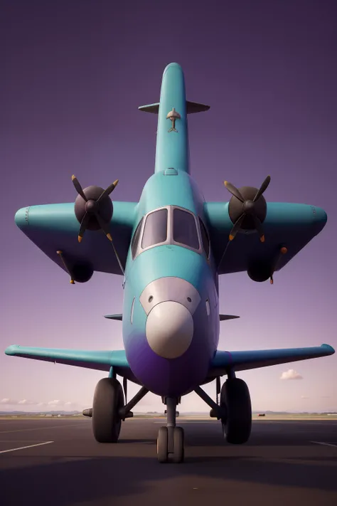 Old plane in purple color, with propeller in front, with a black haired one piloting