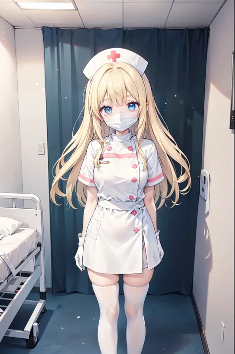 1woman, solo, nurse, white nurse cap, white nurse uniform, ((white legwear, zettai ryouiki)), white gloves, blonde hair, blue eyes, ((white surgical mask, covered nose)), standing, ((hospital room)), sharp outline, short sleeves, mature female, 35yo, best ...