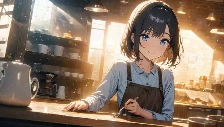 ((ultra-detailed))/three women: (one women with short black hair and bob hair.、beautiful blue eyes,.、smile、gentle smile on her face、flat chest, one Beautiful girl,((masterpiece, illustration, best quality) ((ultra-detailed))/),a girl at her home kitchen ma...