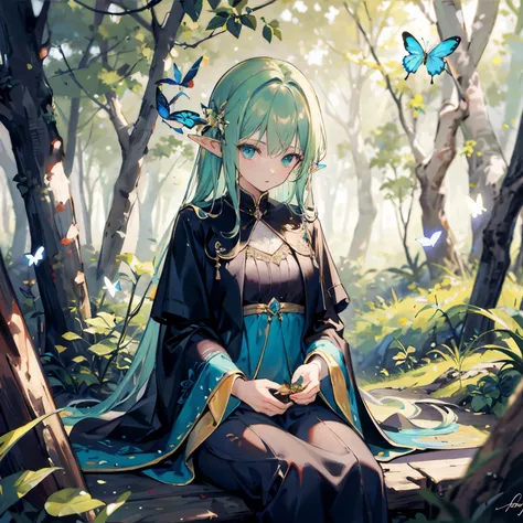 ((best quality)), ((masterpiece)), (in detail), Elf surrounded by butterflies sits on a tree against the backdrop of a forest