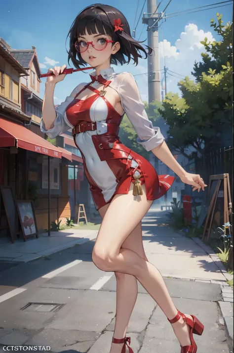 anime - style illustration of a woman in a red leather one-piece dress, shirtless:1.5, video game character, official character art, trending on cgstation, e-girl, cushart krenz key art feminine, full body, female action anime girl, blue bob hair, blunt ba...