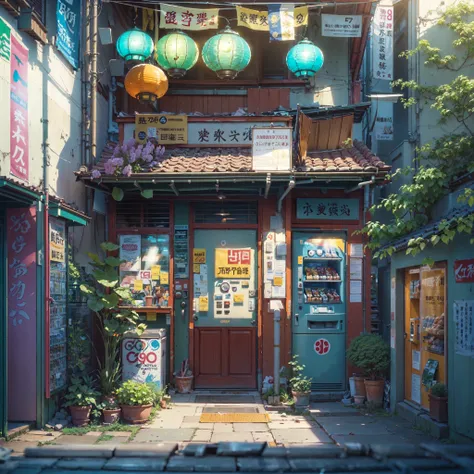 ((score_9, score_8_up, score_7_up, score_6_up)), ((compact japanese alleyway: 1.3)), japanese architecture, ((solo vending machine outside shop: 1.1)), detailed anime artwork, anime scene, ((bright blue sky: 1.0)), extra detailed, very detailed, ((vibrant ...