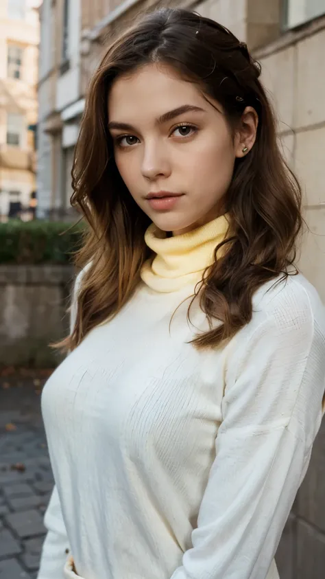 Girl Pale Skin, spiral waves hair, Yellow Turtleneck