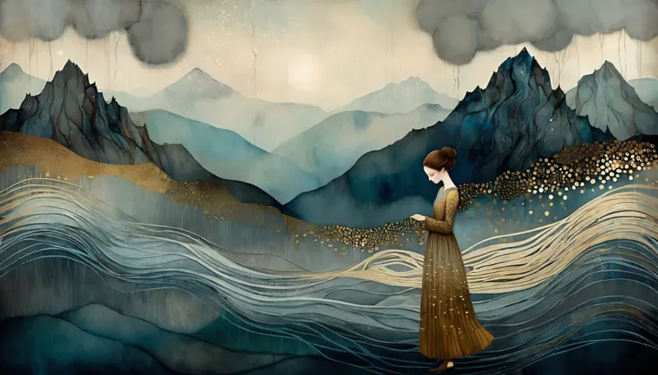Create a melancholic, whimsical scene of misty mountains during a rainy day, inspired by Gustav Klimt and Catrin Welz-Stein. The mountains in the background are softly veiled in mist, with delicate golden patterns and shimmering details woven into the rock...