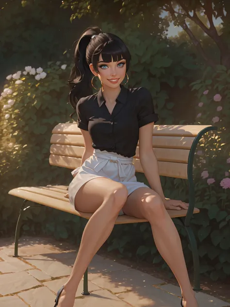 ((best quality)), ((chef-dœuvre)), (detailled:1.4), white caucasian brunette, (((black hair Blunt Bangs on the forehead, long straigh hair ponytail behind the head))), with hoop earrings, smile with gritted teeth, grey eyes, ((sitting on bench in a garden ...