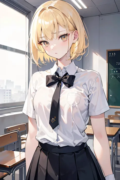 Height: 162cm,18 years old,Blonde short,Golden Eyes,beautiful girl,Small breasts,whole body,In the classroom,The black and white school uniform is open,Troubled expression,Anatomically correct,Attention to detail,Super detailed,Ultra-high resolution,Textur...