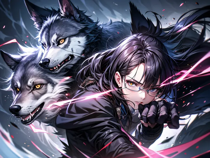 (((Moment of Final Battle))),((fighting against wolves)),one  girl,long black hair,glasses,((full body)),fight,martial arts,grapple,((fingerless gloves)),school uniform,Long sleeve,Jacket,high socks,loafer,((wolf attacking)),((shes fighting against evil wo...