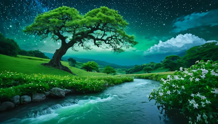 (magical pretty night null green stream overlay scene), (null), (cloud), Soft lighting, Clean Background, Beautiful views, masterpiece, High image quality, Beautiful graphics, high detail, Spectacular views, garden, flower, cloud, (night starry null, River...