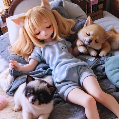 Shiba Inu girl sleeping in chibi pajamas、Girls sleeping in bed