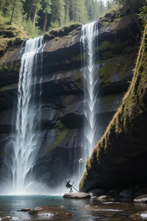 create a minimalist image of a viking axe buried near a waterfall