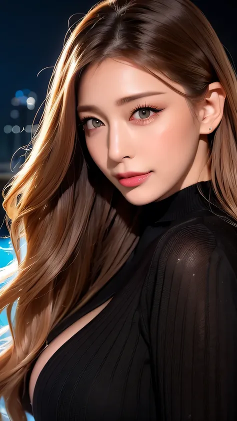 (Cowboy Shot、Best Quality、8k、Award-winning works、Ultra-high resolution)、Beautiful woman、(A black sweater that shows off your perfect body, Sexy cleavage:1.1)、Perfect big breasts、(Blonde:1.1)、Bright color contacts、Perfect gal makeup、Bright and shiny lipstic...