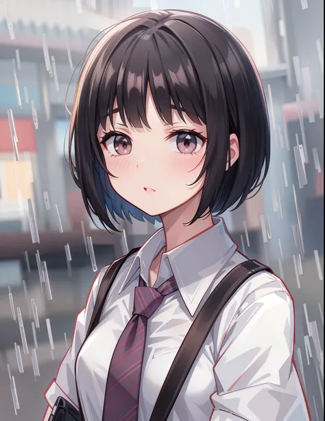 rating:safe, rain, 1girl, necktie, solo, shirt, black_hair, blush, white_shirt, looking_at_viewer, short_hair, bangs, water, collared_shirt, brown_eyes, bob_cut, outdoors, eyebrows_visible_through_hair, upper_body, parted_lips, school_uniform, suspenders, ...