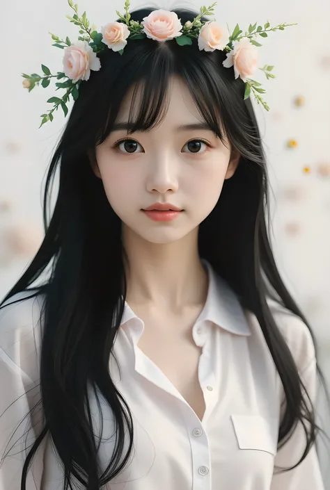 Anime girl with long black hair wearing a white shirt and a flower crown, Beautiful anime portraits, Amazing Anime Face Portraits, Beautiful Anime Girls, Cute realistic portrait, Detailed portrait of an anime girl, Anime Girl Portrait, Realistic anime 3D s...